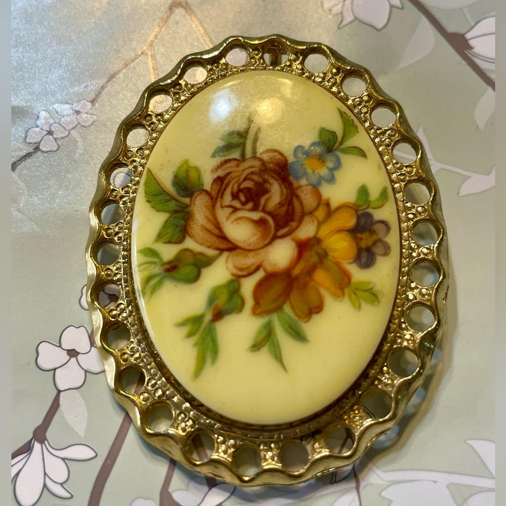 Vintage Victorian Style Acrylic Floral Cameo Oval Brooch Pin and Pendant